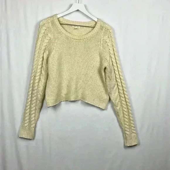 silence + noise Sweaters - Silence & Noise Womens Sweater Cream M Cable Knit Sleeves Crop Pullover Casual